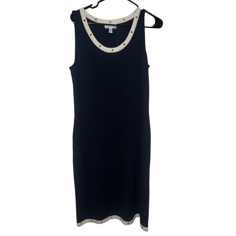 Navy Blue Knit Dress White & Gold Rivet Trim 90s St John Sport Dark Blue sz m